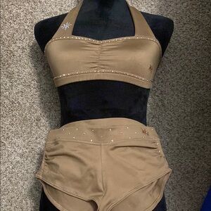 Brown Halter Top & shorts Dance Wear Set with Rhinestone Accents